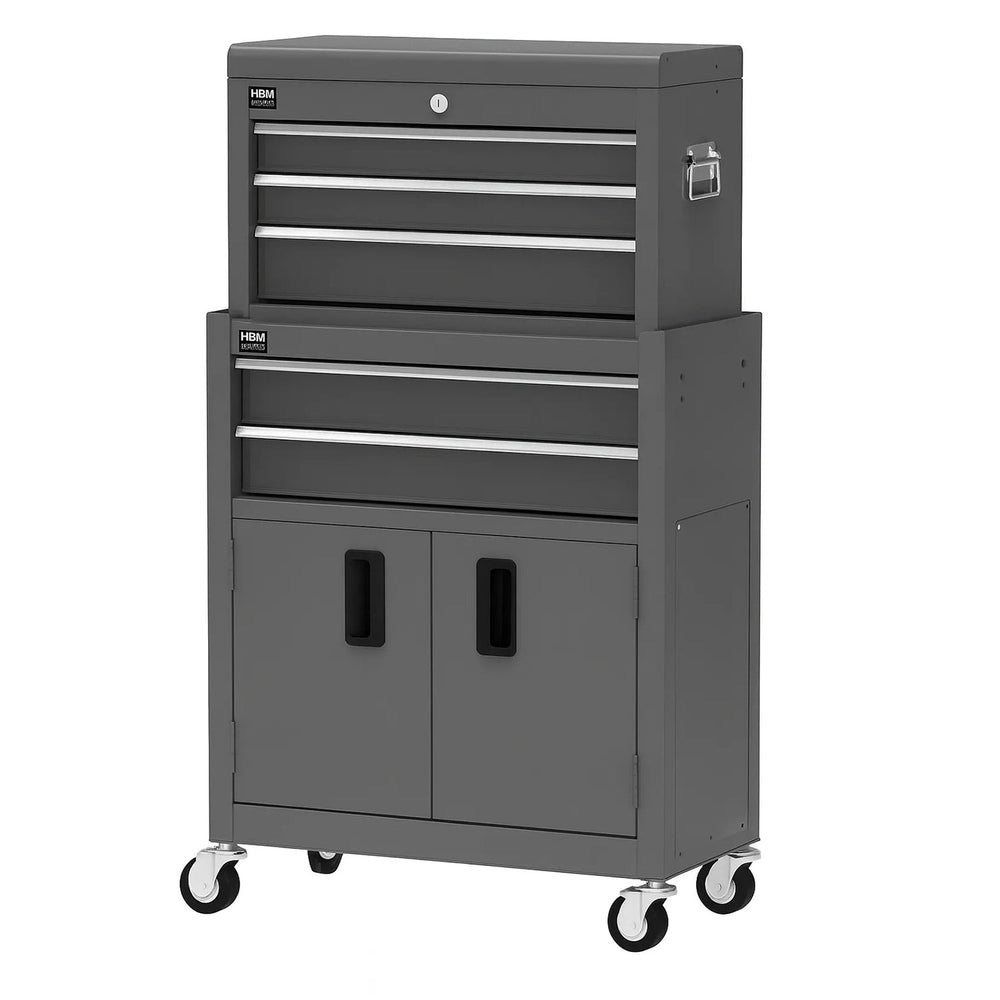 Carrello-armadietto metallico portautensili porta attrezzi multifunzione 2 pezzi-doppio con 8 cassetti e ruote mobile grigio, organizzatore per officina garage HBM Premium Olanda