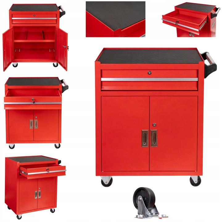 Carrello-armadietto metallico portautensili rosso, porta attrezzi multifunzione 2 ante e cassetto con serratura con ruote mobile, organizzatore per officina garage,Premium 73 × 63 × 40 cm Invento