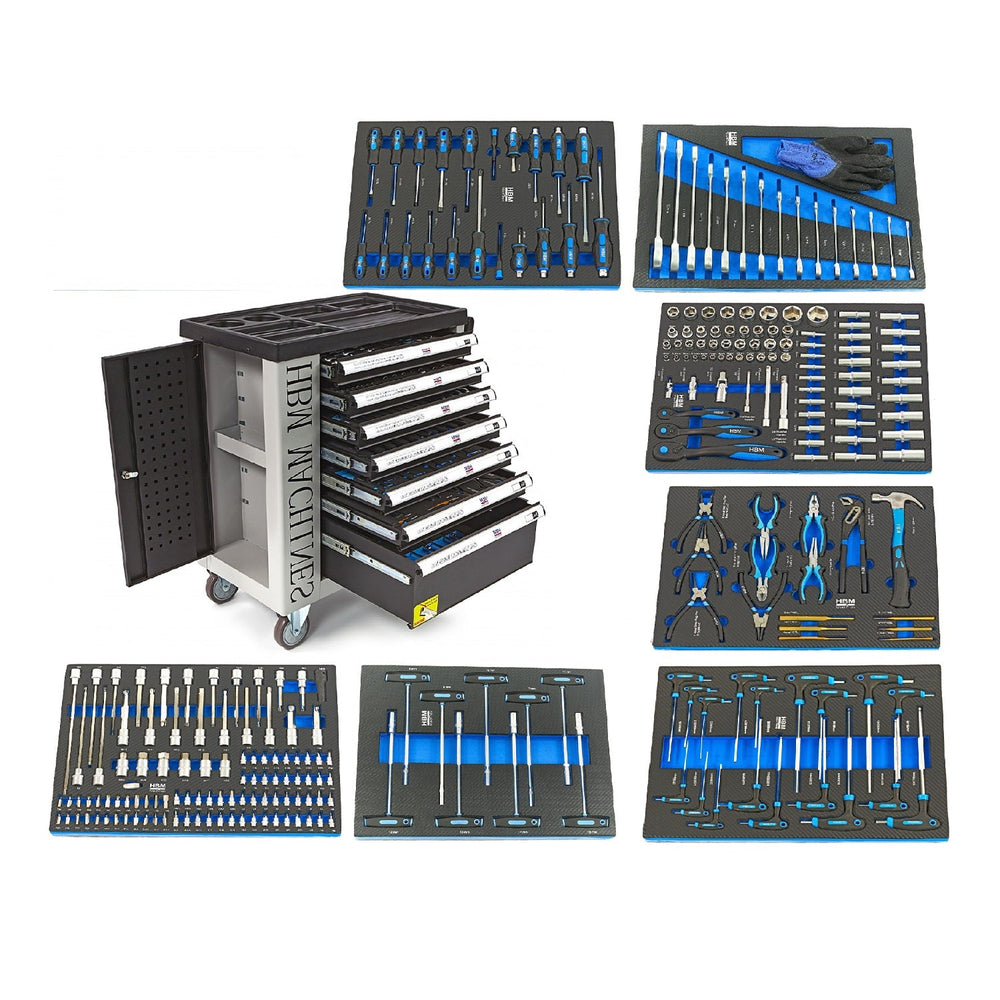 Carrello completo di attrezzi professionale Hbm,set 262 pezzi con 7 cassetti 6 scomparti e ruote da officina Carbon premium Olanda