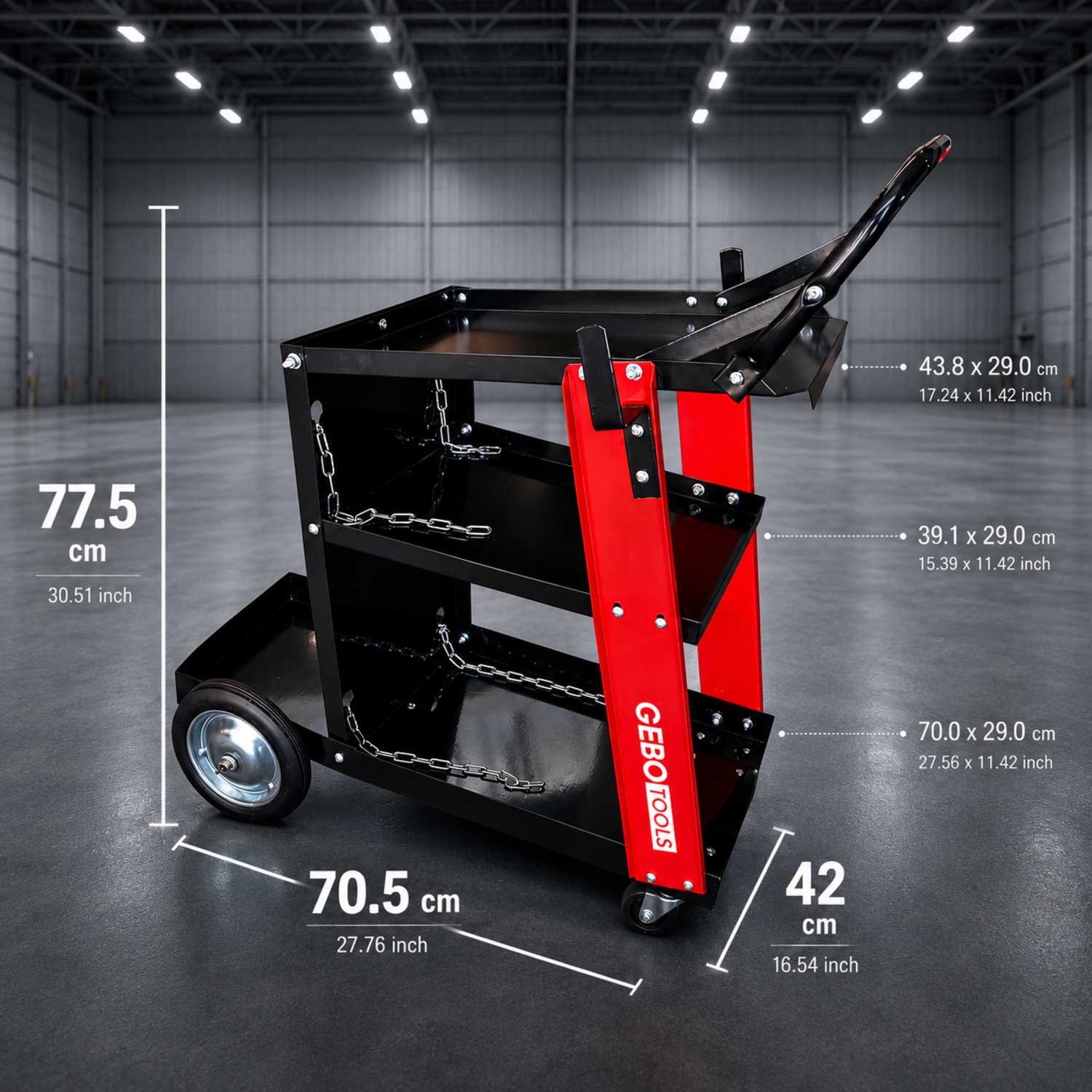 Carrello metallico per saldatura, a 3 ripiani, trasporto saldatrice con ruote, carico 45 kg, stazione mobile per attrezzatura per saldare, da officina,705 x 420 x 775 mm Gebo Tools