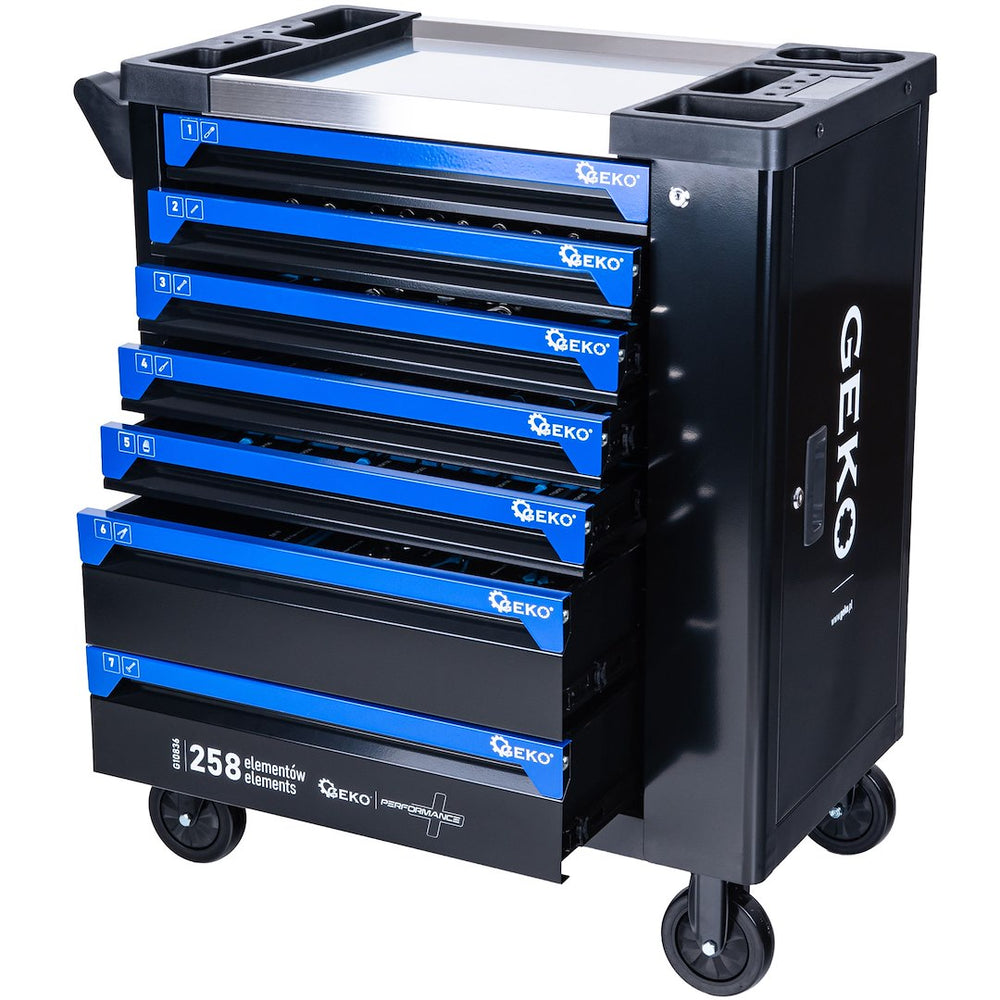 Carrello porta attrezzi / portautensili completo di 258 utensili 7 cassetti, 7 moduli inserti, inclusi, Geko