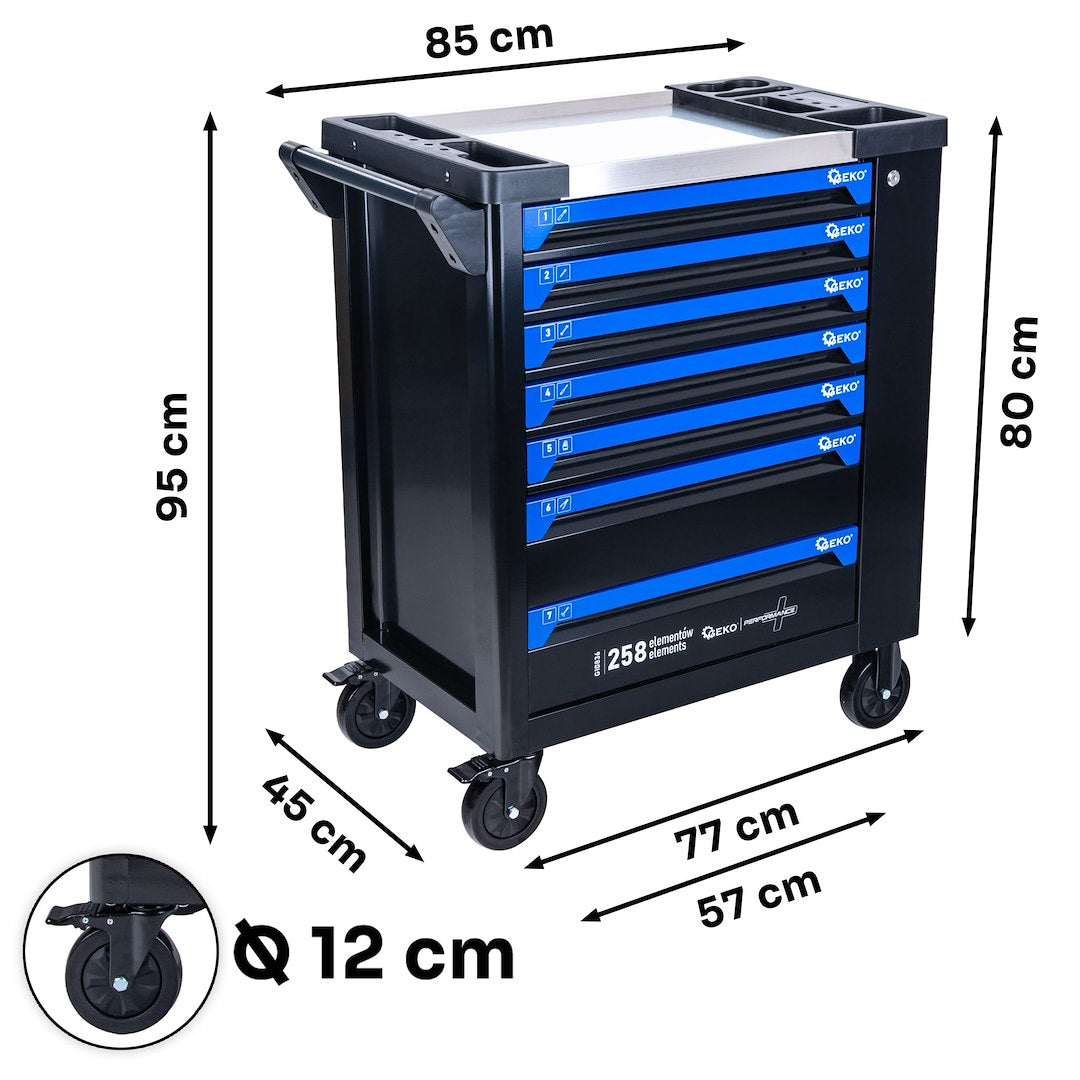 Carrello porta attrezzi / portautensili completo di 258 utensili 7 cassetti, 7 moduli inserti, inclusi, Geko