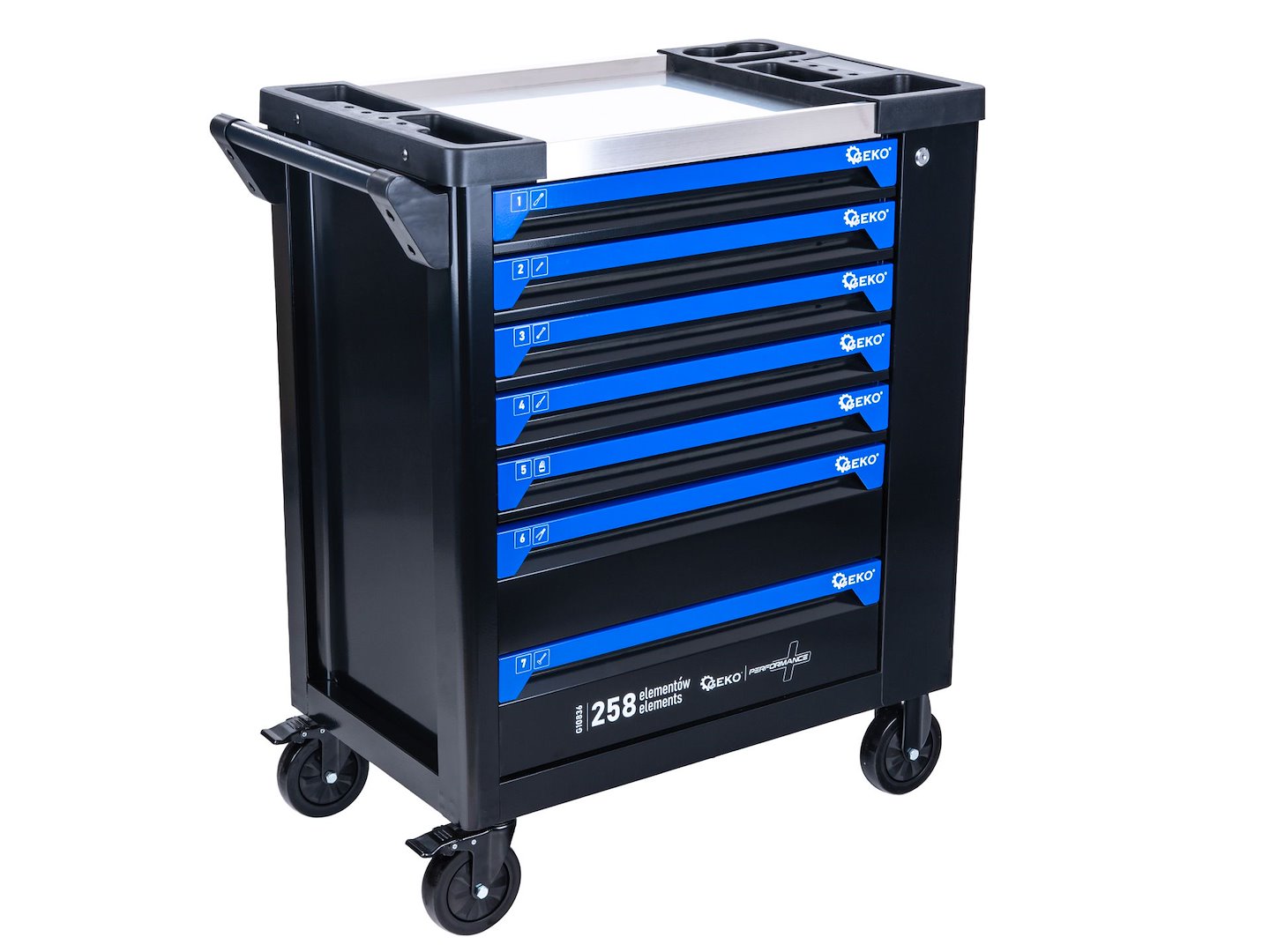 Carrello porta attrezzi / portautensili completo di 258 utensili 7 cassetti, 7 moduli inserti, inclusi, Geko