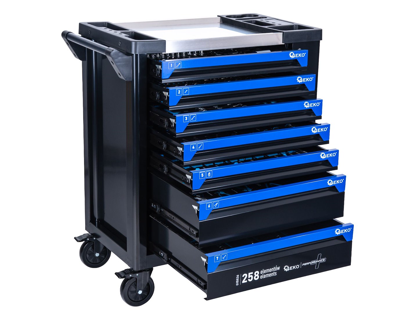 Carrello porta attrezzi / portautensili completo di 258 utensili 7 cassetti, 7 moduli inserti, inclusi, Geko