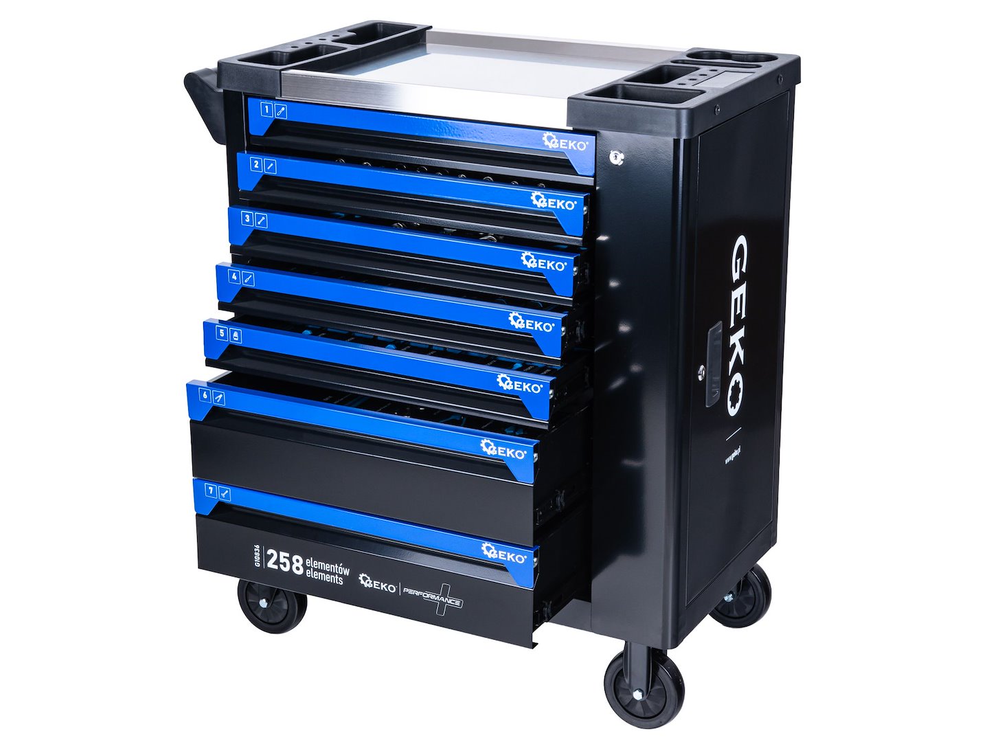 Carrello porta attrezzi / portautensili completo di 258 utensili 7 cassetti, 7 moduli inserti, inclusi, Geko