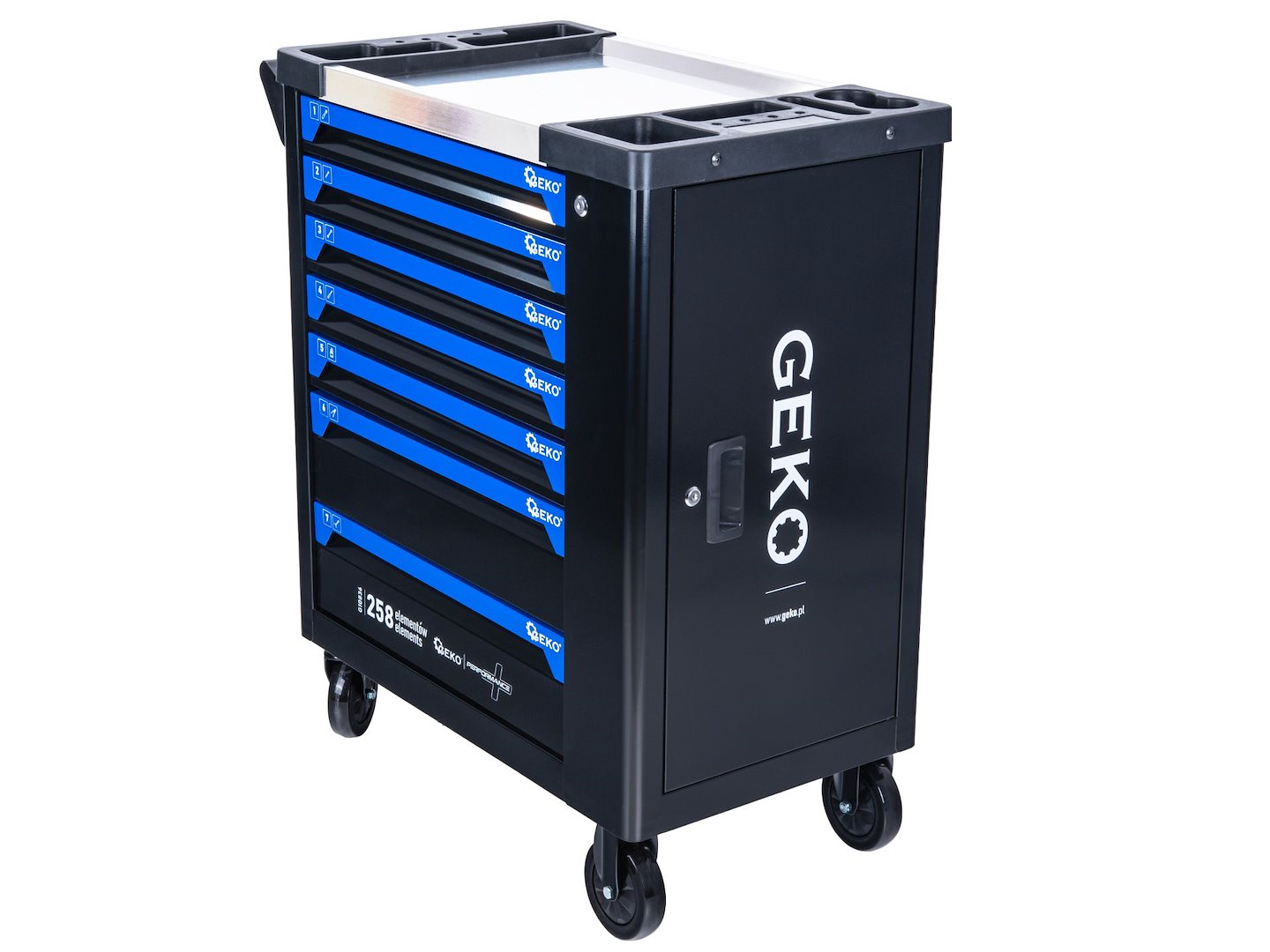 Carrello porta attrezzi / portautensili completo di 258 utensili 7 cassetti, 7 moduli inserti, inclusi, Geko
