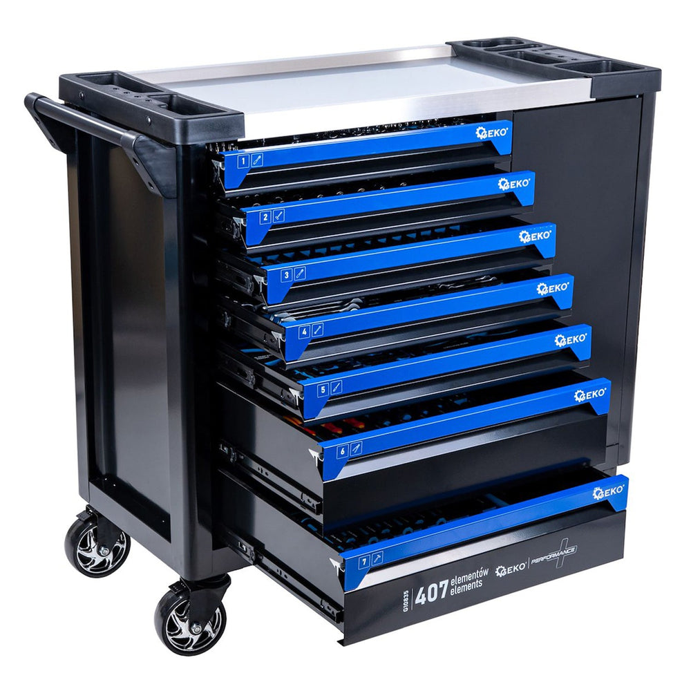 Carrello porta attrezzi / portautensili completo di 407 utensili 7 cassetti, 7 moduli inserti, inclusi, Geko