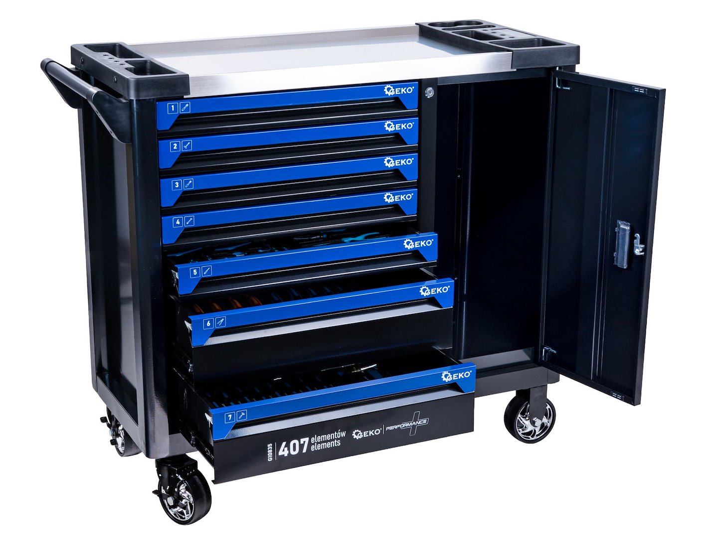 Carrello porta attrezzi / portautensili completo di 407 utensili 7 cassetti, 7 moduli inserti, inclusi, Geko