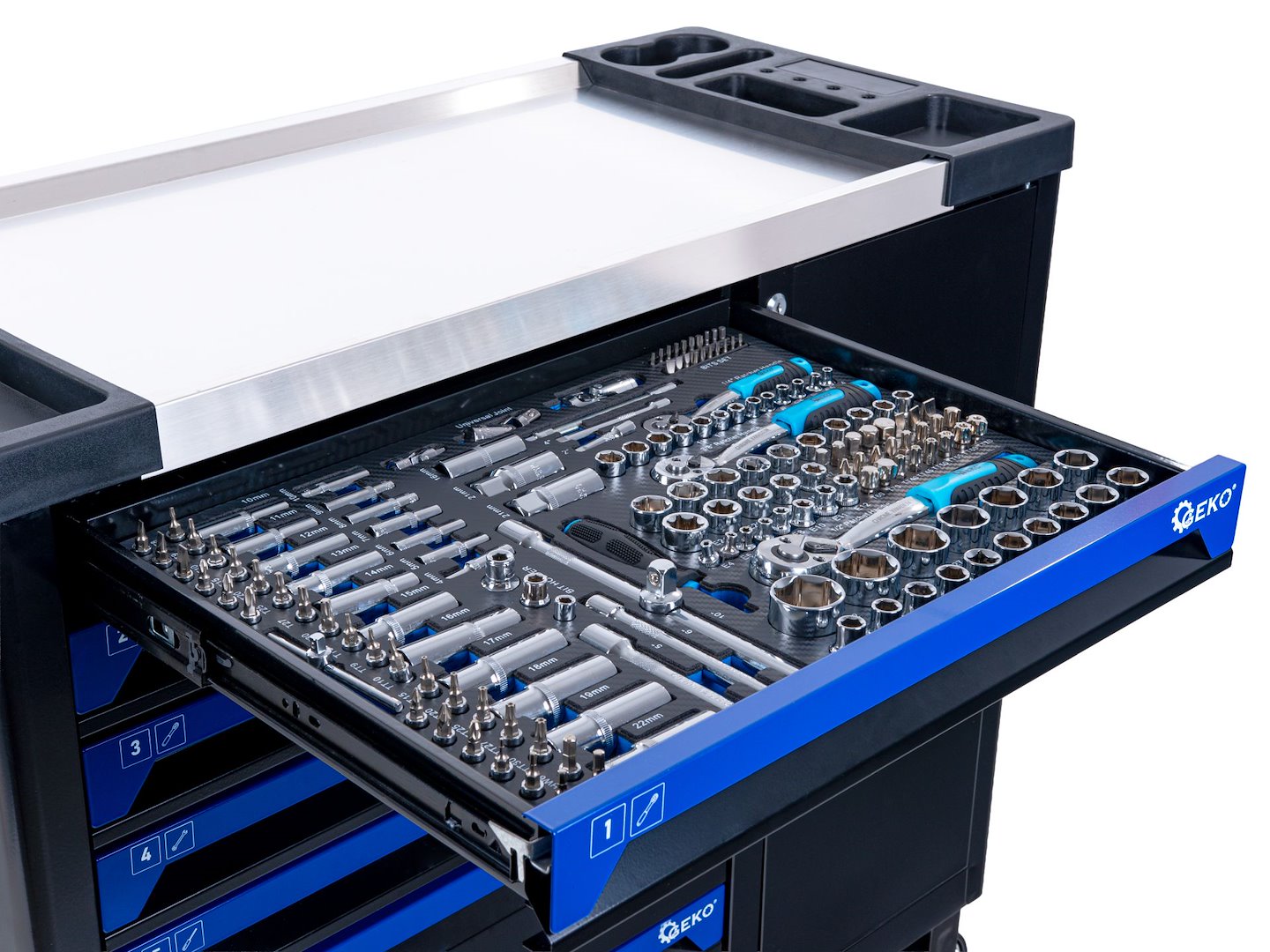 Carrello porta attrezzi / portautensili completo di 407 utensili 7 cassetti, 7 moduli inserti, inclusi, Geko