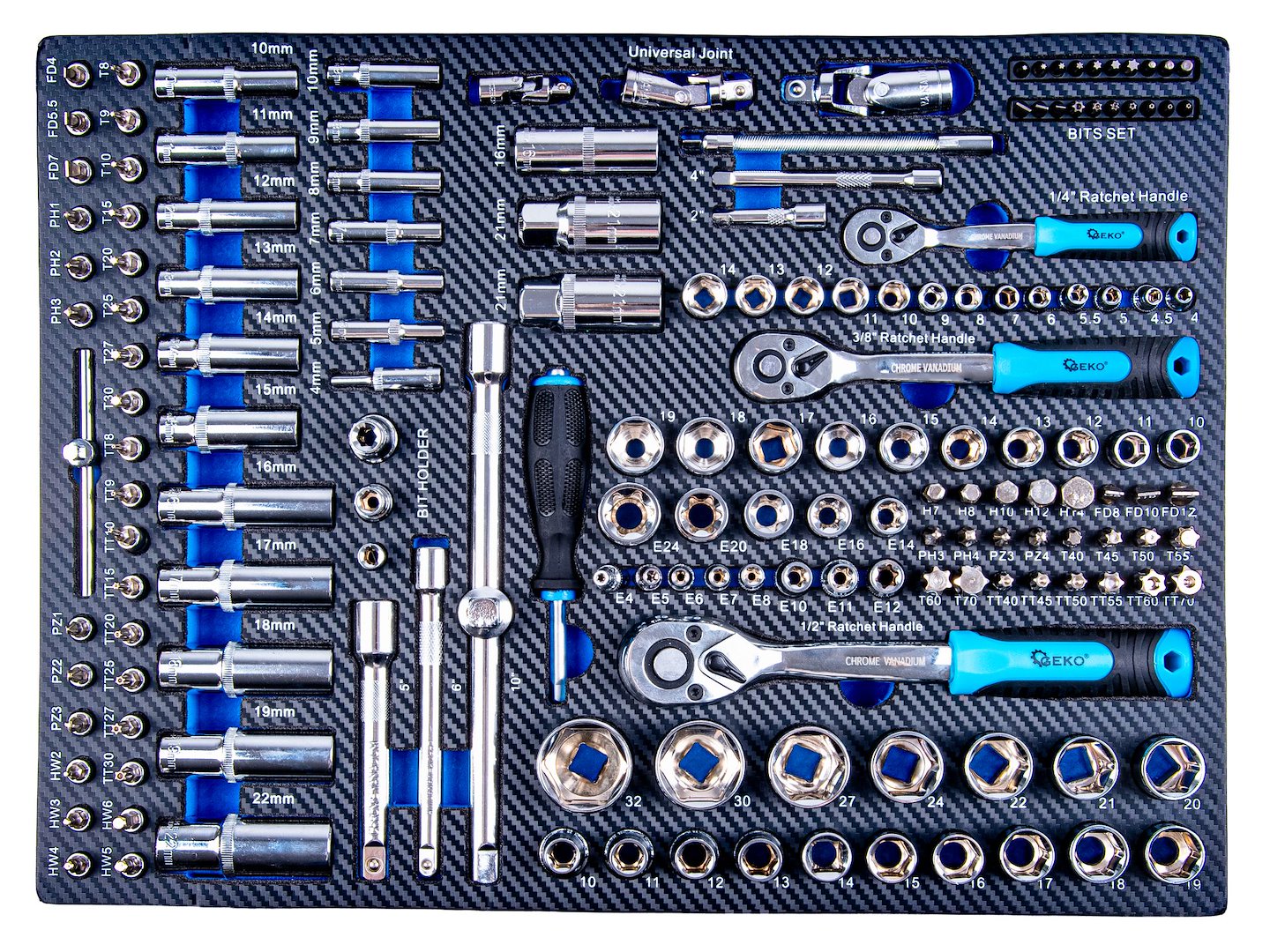 Carrello porta attrezzi / portautensili completo di 407 utensili 7 cassetti, 7 moduli inserti, inclusi, Geko