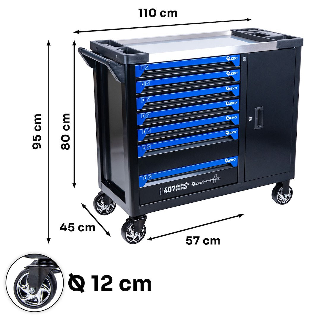 Carrello porta attrezzi / portautensili completo di 407 utensili 7 cassetti, 7 moduli inserti, inclusi, Geko