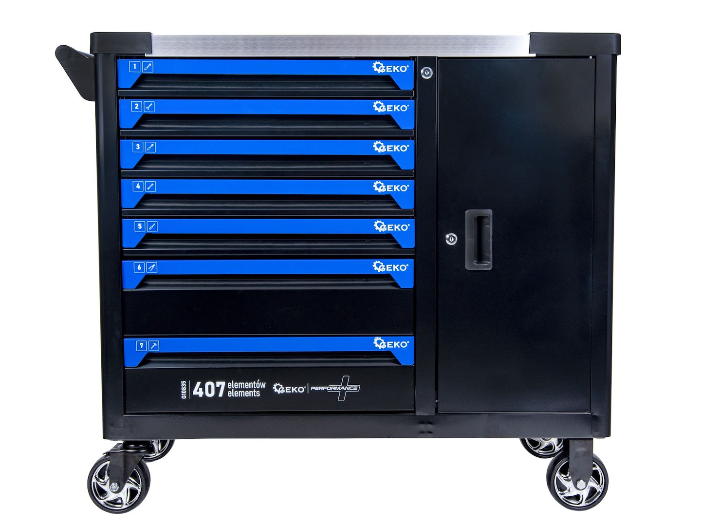 Carrello porta attrezzi / portautensili completo di 407 utensili 7 cassetti, 7 moduli inserti, inclusi, Geko