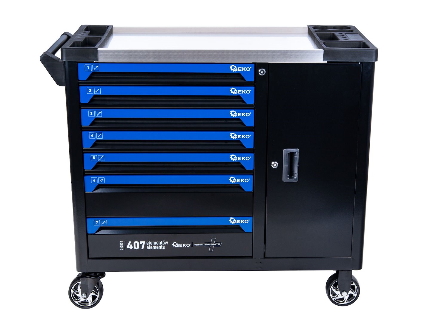 Carrello porta attrezzi / portautensili completo di 407 utensili 7 cassetti, 7 moduli inserti, inclusi, Geko