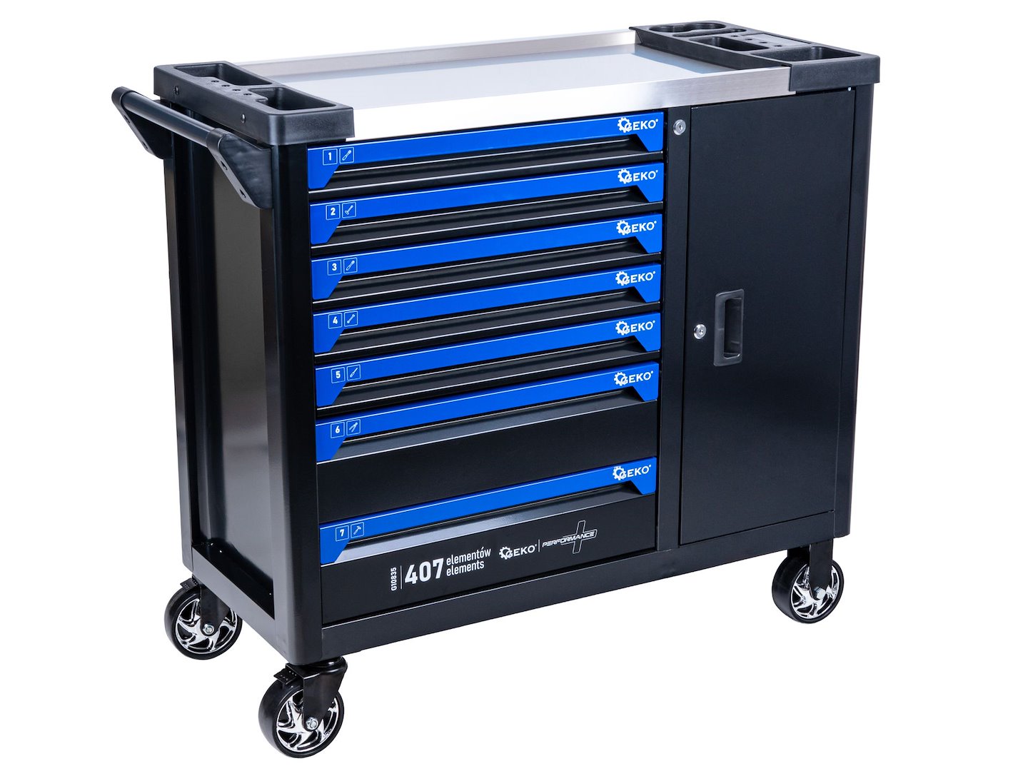 Carrello porta attrezzi / portautensili completo di 407 utensili 7 cassetti, 7 moduli inserti, inclusi, Geko