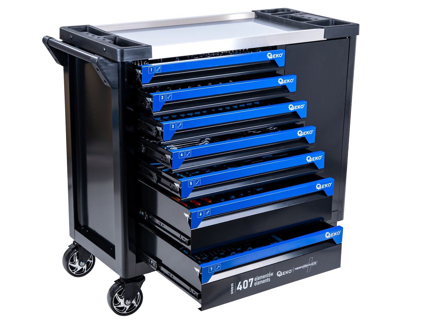 Carrello porta attrezzi / portautensili completo di 407 utensili 7 cassetti, 7 moduli inserti, inclusi, Geko