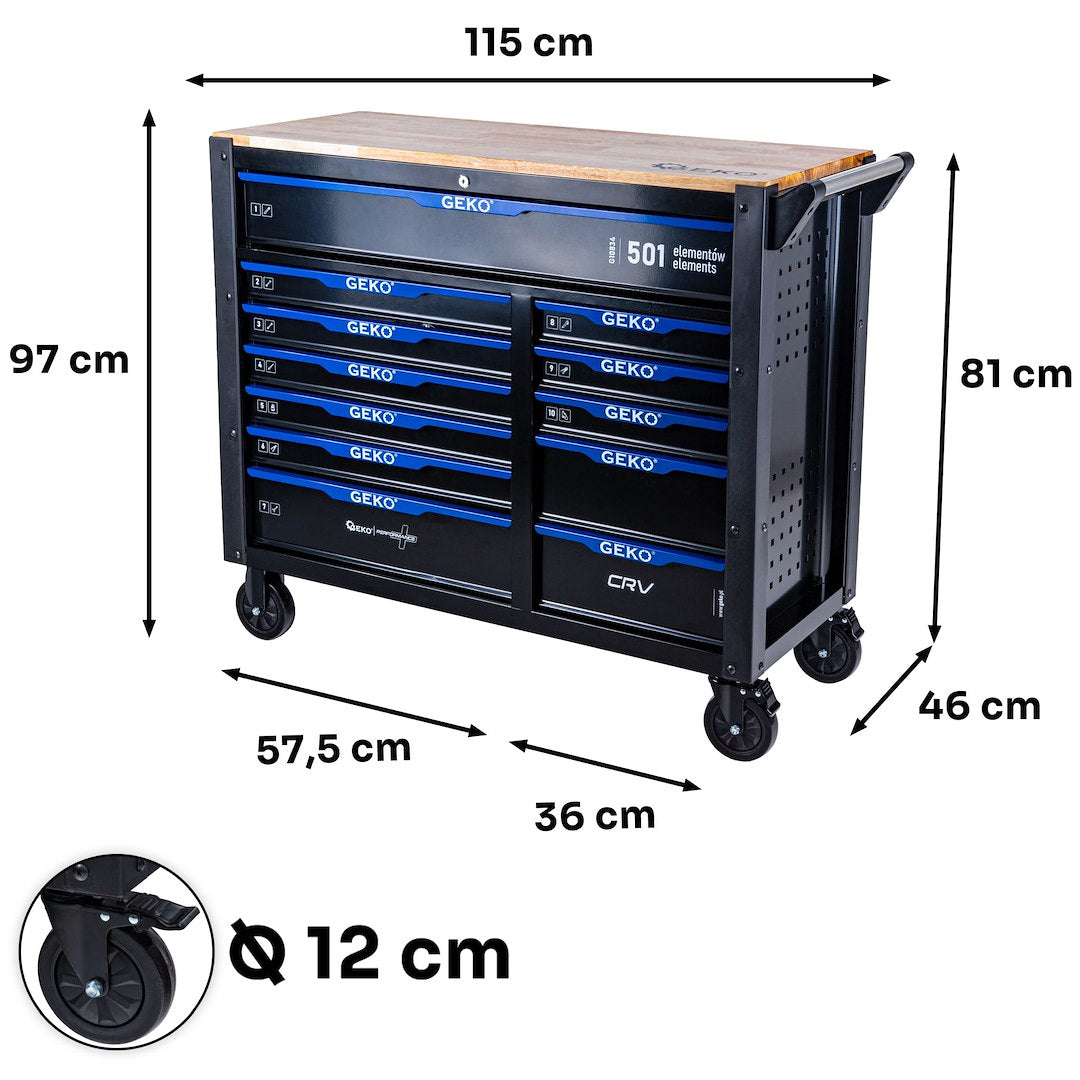 Carrello porta attrezzi / portautensili completo di 501 utensili 12 cassetti, 10 moduli inserti, inclusi, Geko