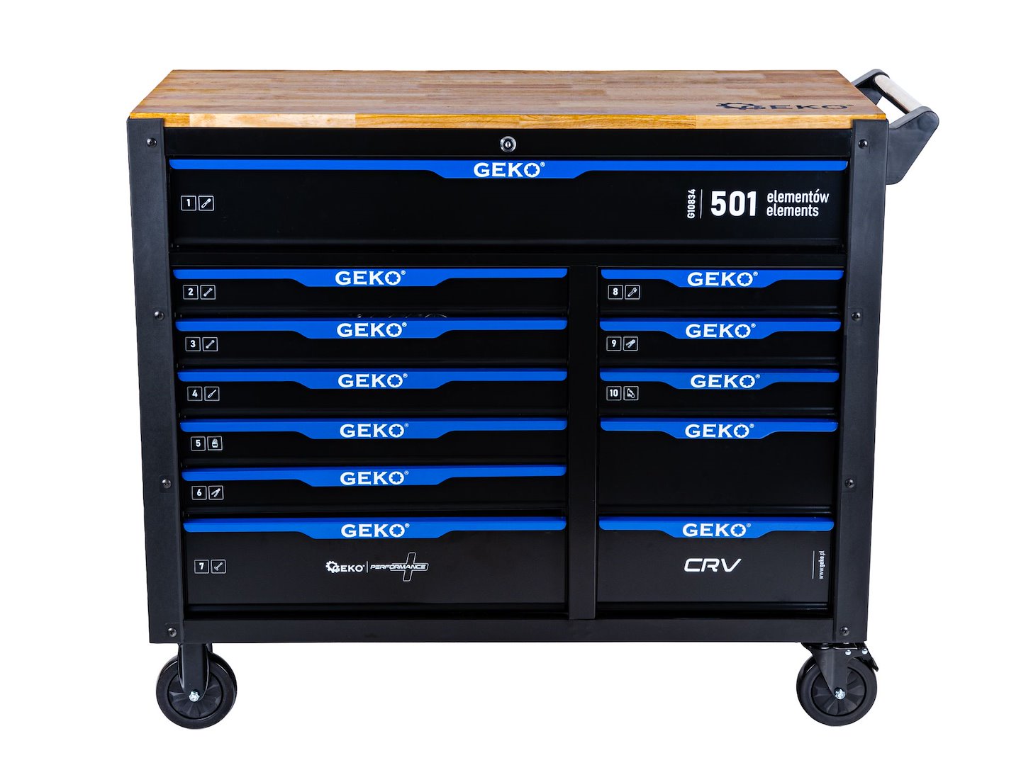 Carrello porta attrezzi / portautensili completo di 501 utensili 12 cassetti, 10 moduli inserti, inclusi, Geko