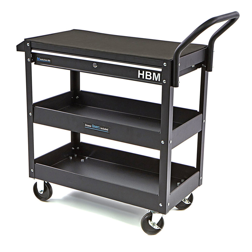 Carrello portautensili da officina Deluxe con 3 ripiani, in acciaio robusto, mobile con ruote girevoli  per officina, garage e fai da te,nero Hbm