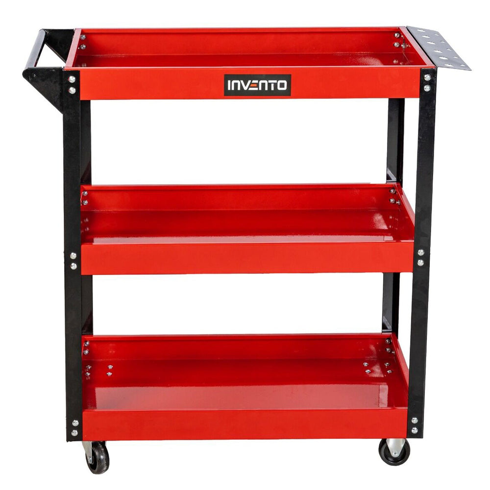 Carrello portautensili officina a 3 ripiani in acciaio, portata 140 kg, con maniglia, porta cacciaviti e ruote – rosso/nero, carrelli, Invento