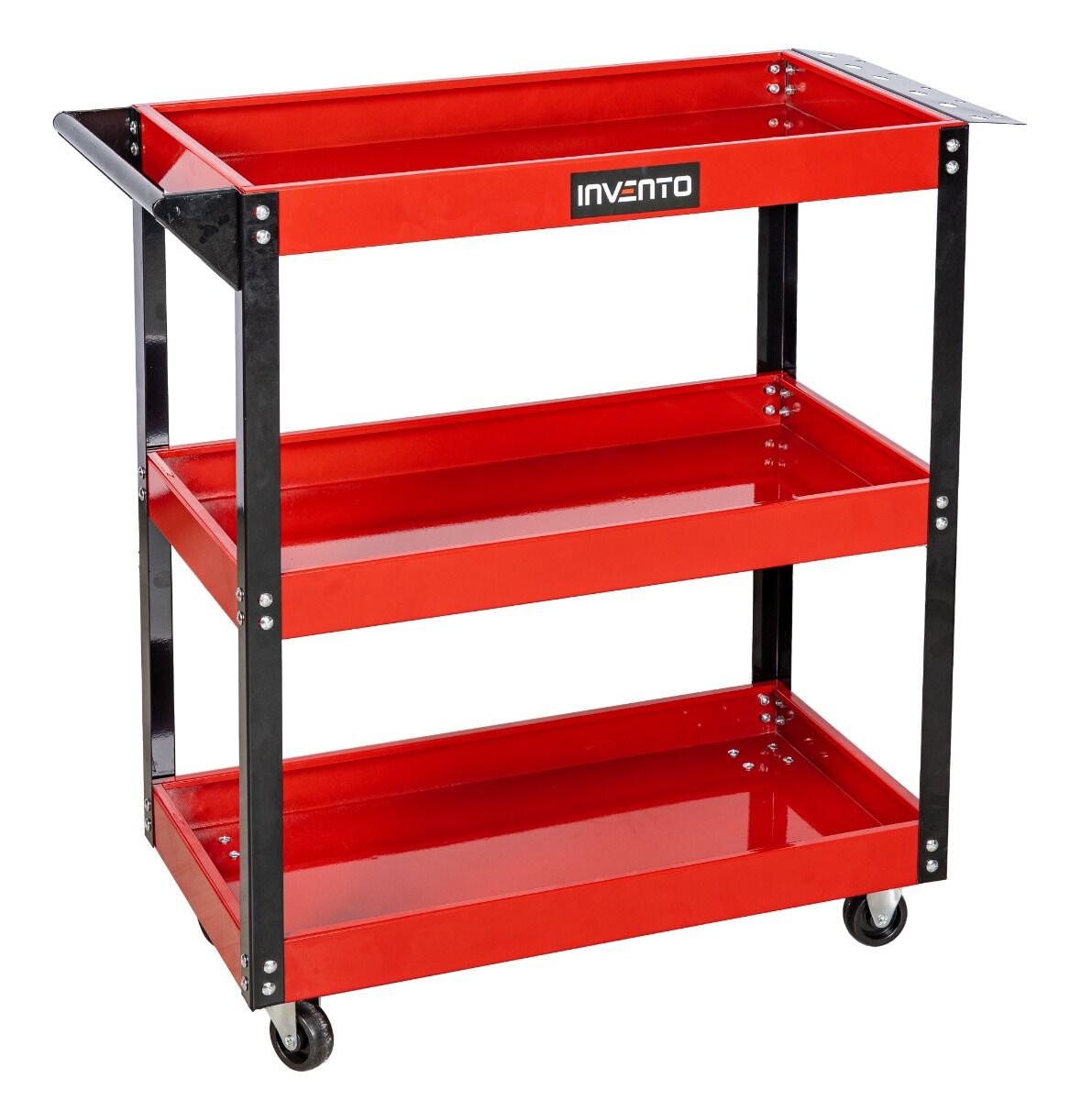 Carrello portautensili officina a 3 ripiani in acciaio, portata 140 kg, con maniglia, porta cacciaviti e ruote – rosso/nero, carrelli, Invento