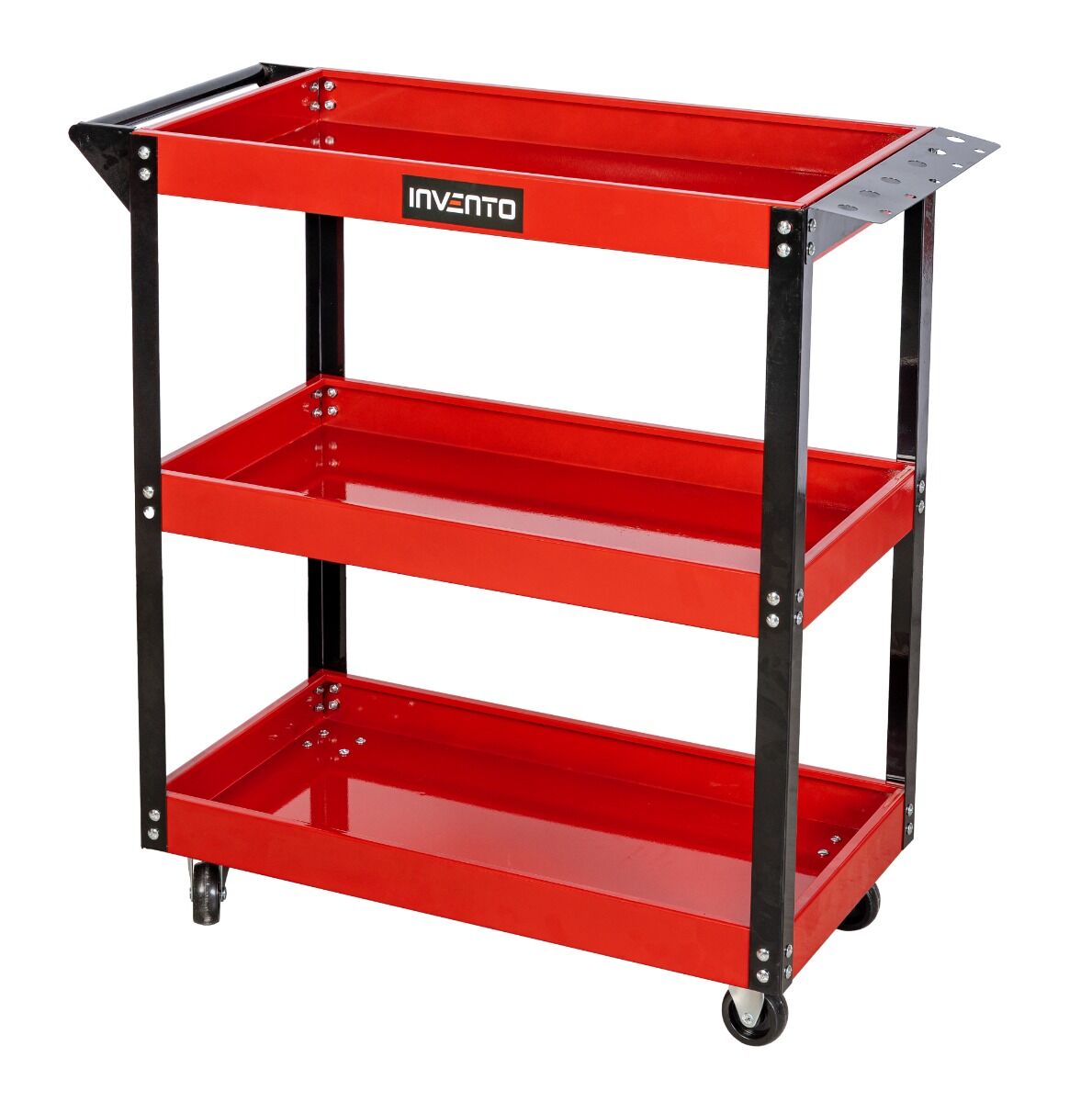 Carrello portautensili officina a 3 ripiani in acciaio, portata 140 kg, con maniglia, porta cacciaviti e ruote – rosso/nero, carrelli, Invento