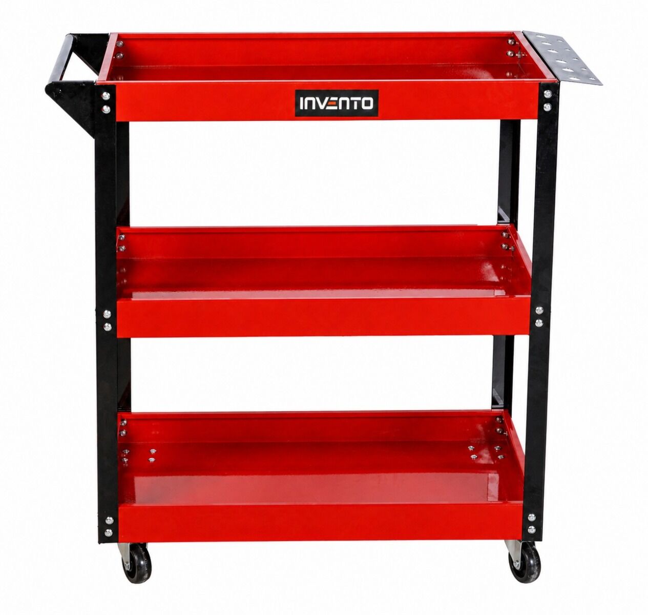 Carrello portautensili officina a 3 ripiani in acciaio, portata 140 kg, con maniglia, porta cacciaviti e ruote – rosso/nero, carrelli, Invento