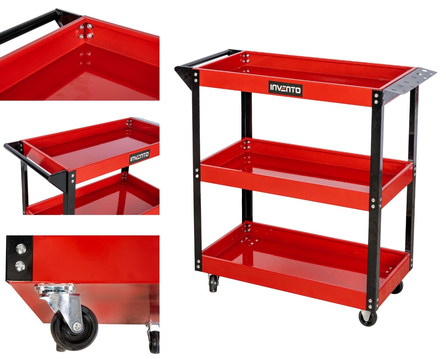 Carrello portautensili officina a 3 ripiani in acciaio, portata 140 kg, con maniglia, porta cacciaviti e ruote – rosso/nero, carrelli, Invento