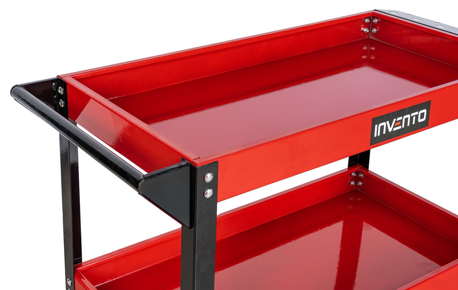 Carrello portautensili officina a 3 ripiani in acciaio, portata 140 kg, con maniglia, porta cacciaviti e ruote – rosso/nero, carrelli, Invento