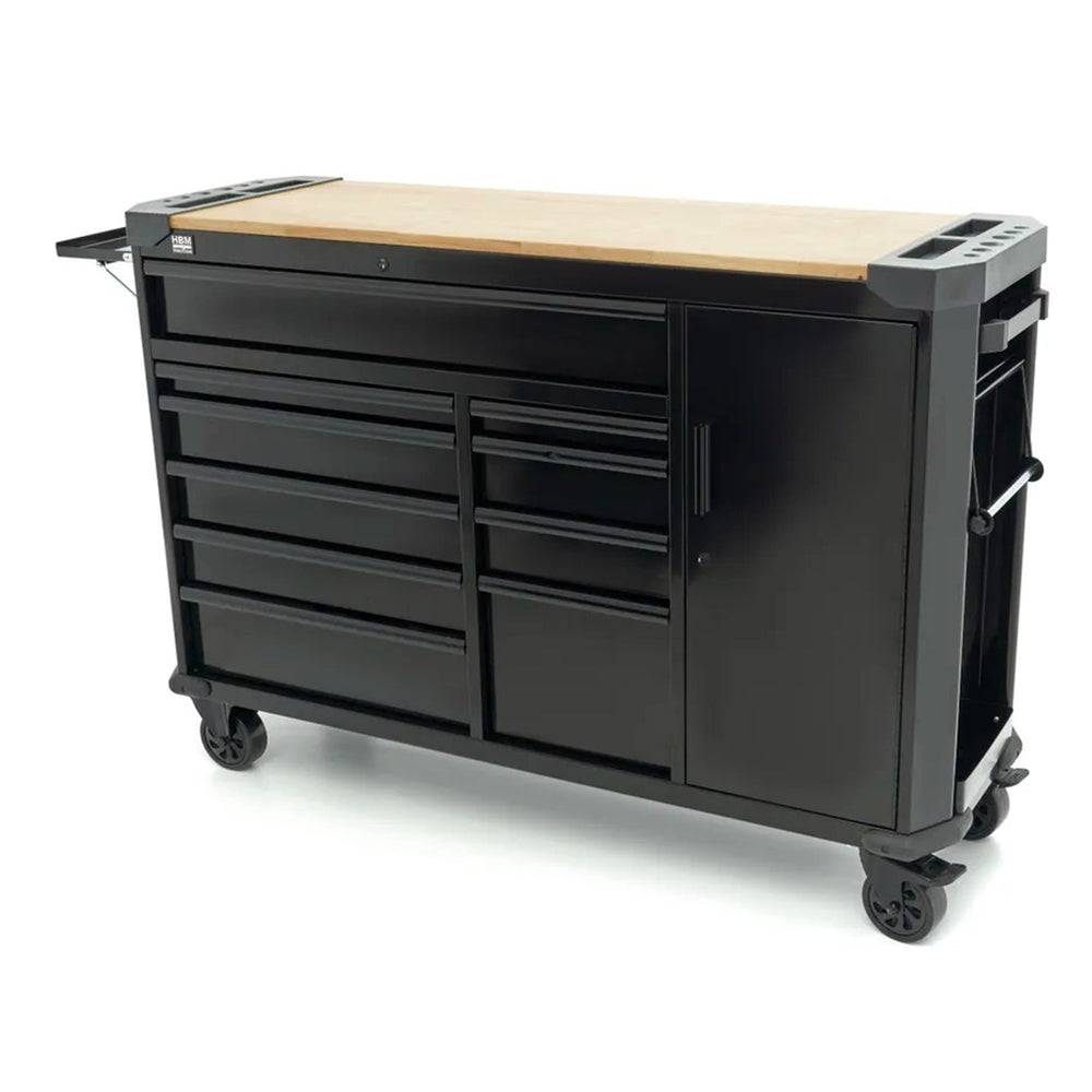 Carrello portautensili professionale in metallo per officina con 10 cassetti e ruote-mobile 147 cm ,portattrezzi con piano di lavoro in legno massiccio HBM Olanda