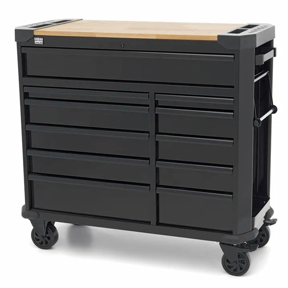 Carrello portautensili professionale in metallo per officina con 11 cassetti e ruote-mobile 109 cm ,portattrezzi con piano di lavoro in legno massiccio Hbm Machines Olanda