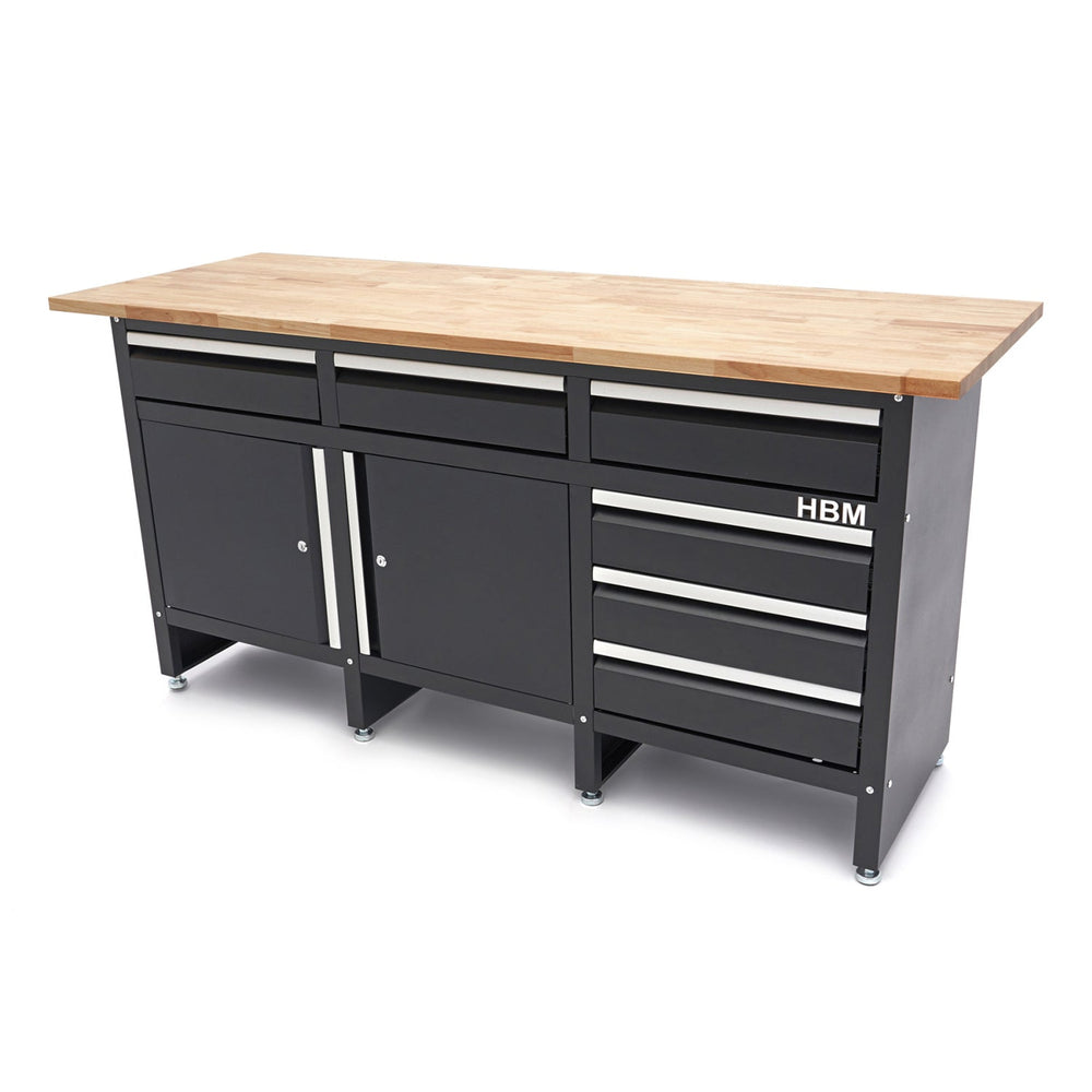 Carrello portautensili professionale in metallo per officina con 6 cassetti,2 ante ruote-mobile 171 cm ,portattrezzi con piano di lavoro in legno massiccio Hbm Machines Olanda