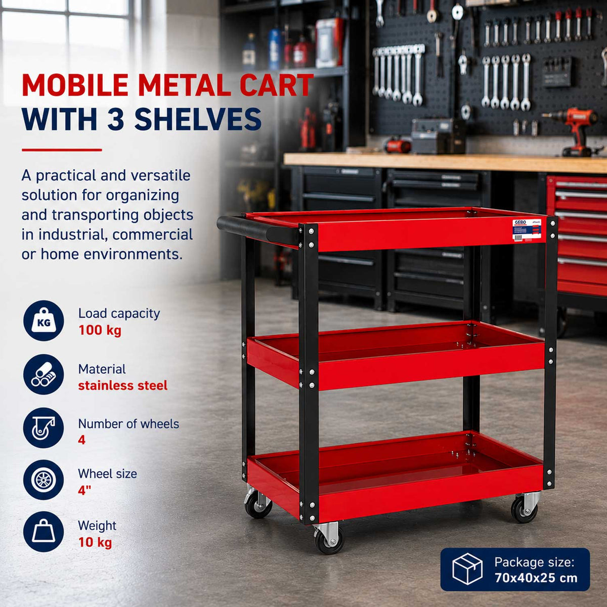 Carrello portautensili da officina con 3 ripiani, in acciaio inox, mobile con ruote girevoli, garage e fai da te Gebo Tools