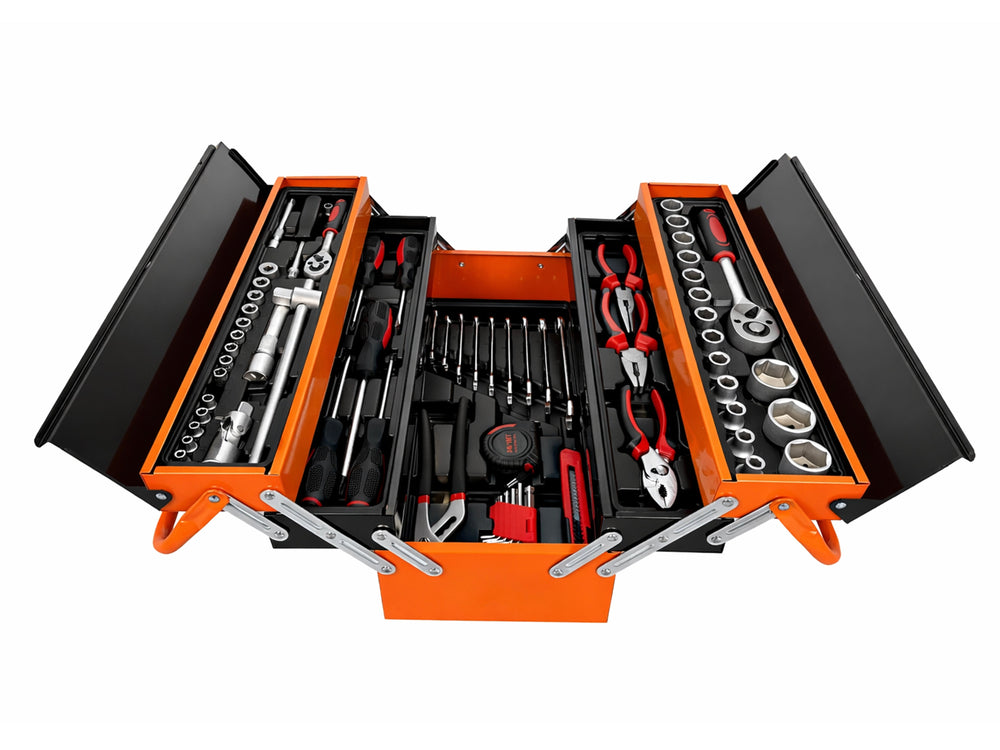 Cassetta portattrezzi completa di 85 utensili, pieghevole, in metallo con 5 scomparti Gebo Tools