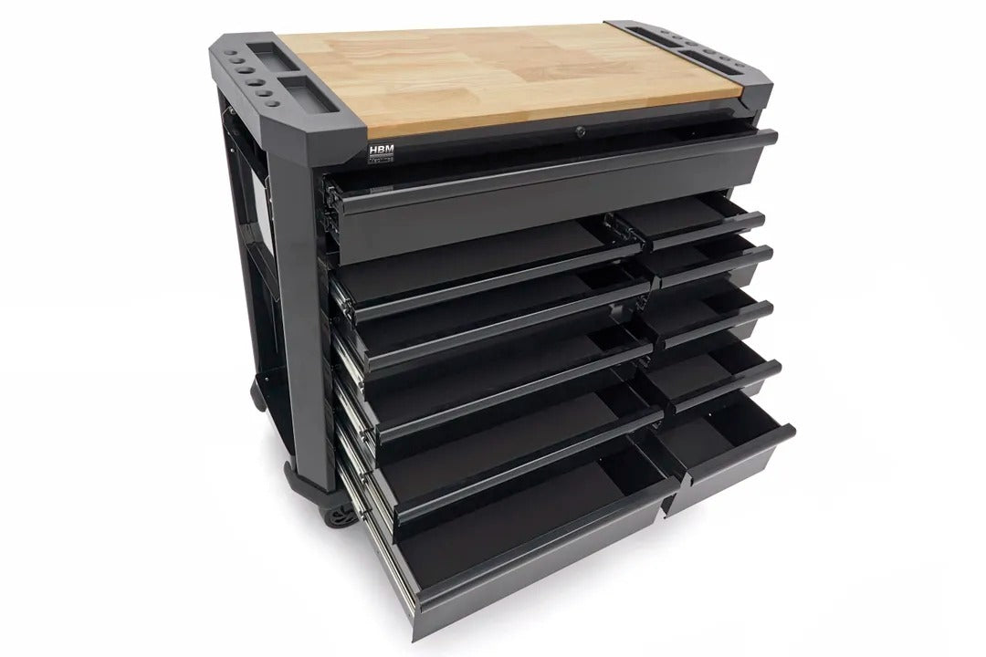 Carrello portautensili metallico professionale officina con 11 cassetti e ruote-mobile 109 cm con piano di lavoro in legno massiccio HBM Machines