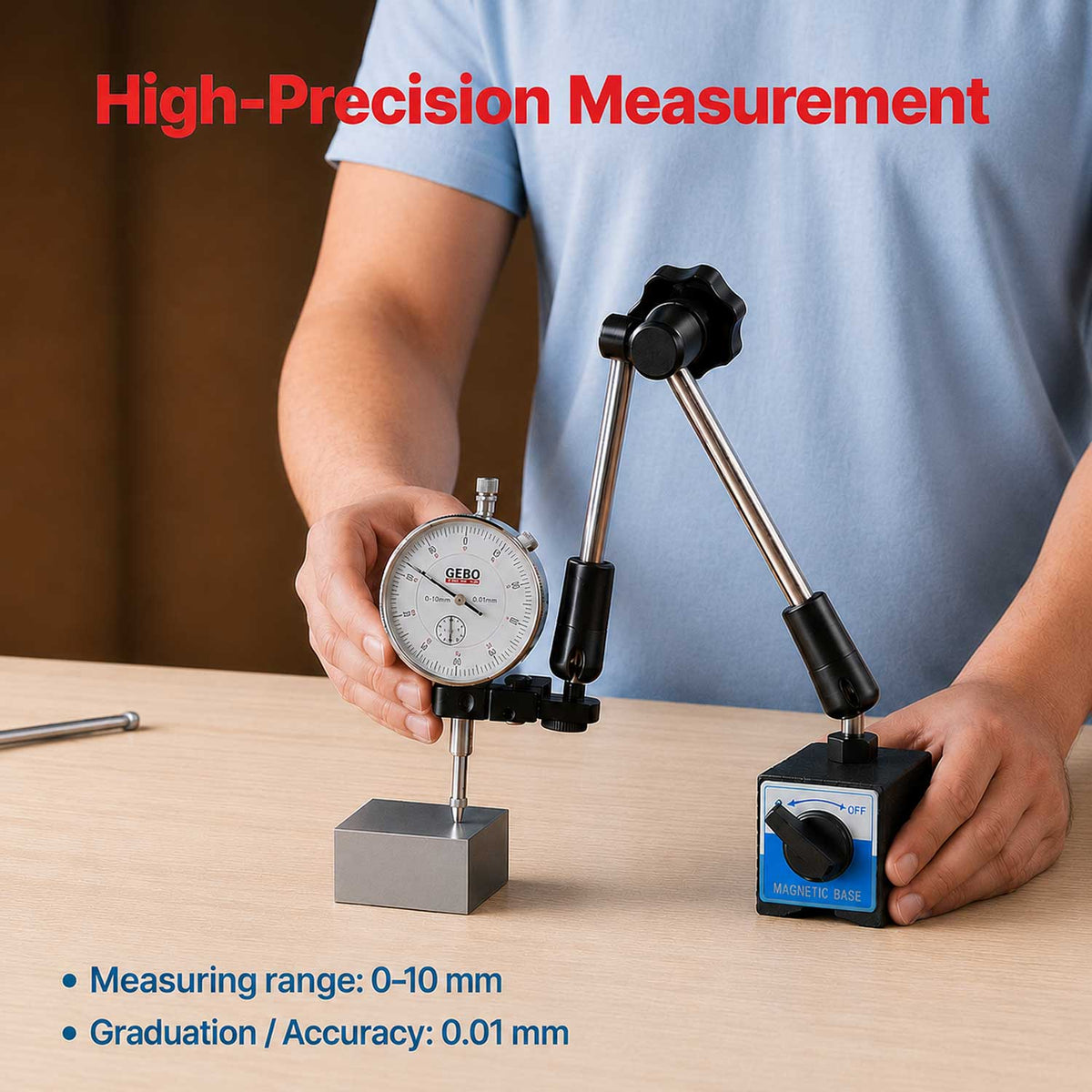 Comparatore centesimale a quadrante, Test DTI calibro 0-10mm con base magnetica, Gebo Tools