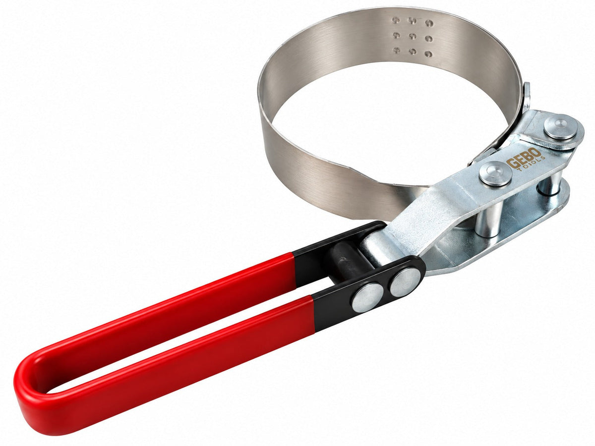 Chiave per filtro olio con cinghia-nastro regolabile, campo di serraggio 73–85 mm, strumento universale per la rimozione con fascia metallica per auto e camion, Gebo Tools