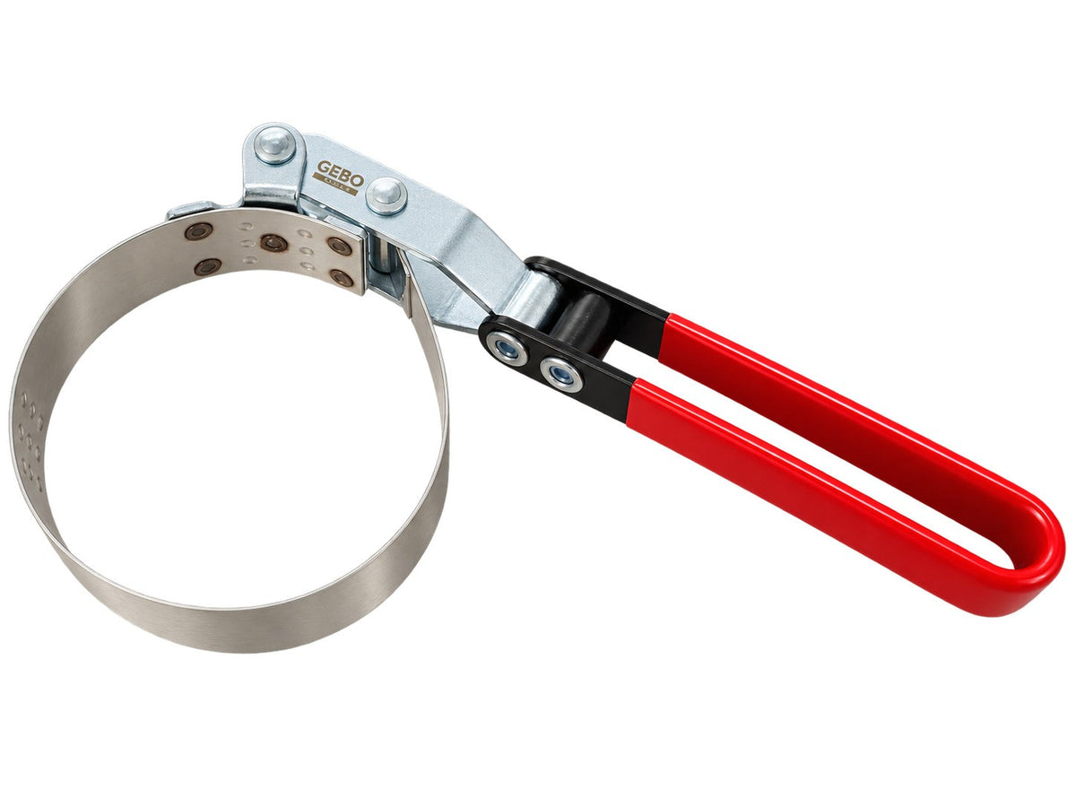 Chiave per filtro olio con cinghia-nastro regolabile, campo di serraggio 73–85 mm, strumento universale per la rimozione con fascia metallica per auto e camion, Gebo Tools