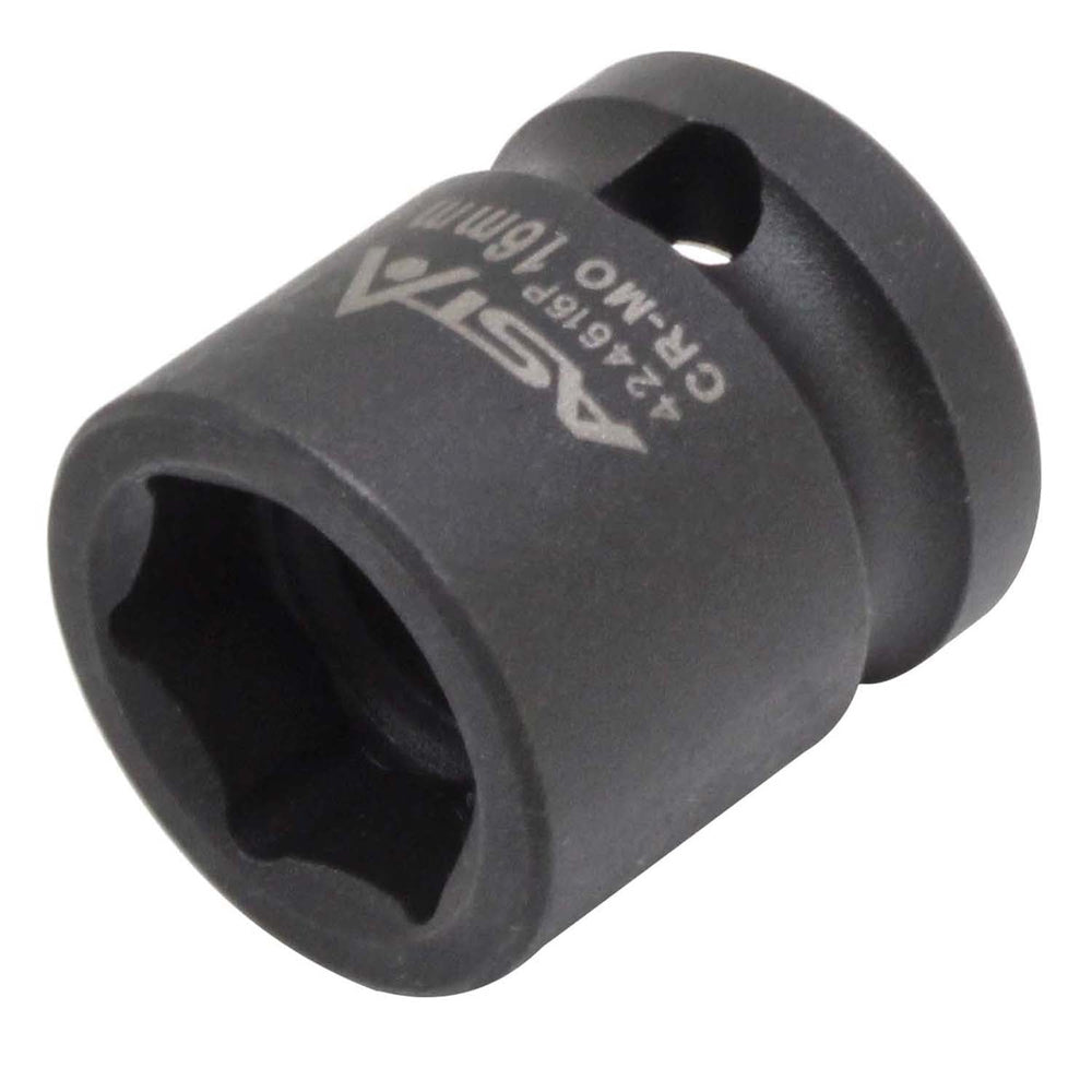 Chiave a bussola a impatto 1/2'',extra corta 16 mm, Cr-Mo,per dinamometrica, cricchetto e avvitatore a batteria