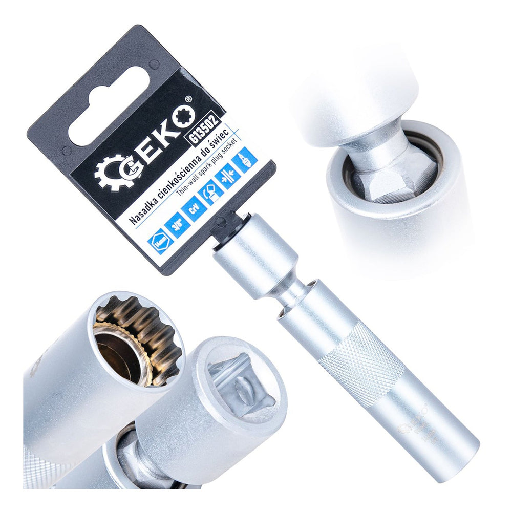 Chiave candela, 12 punti, 3/8”, 14mm, giunto cardanico, parete sottile e asta lunga, acciaio Cr-V, Geko