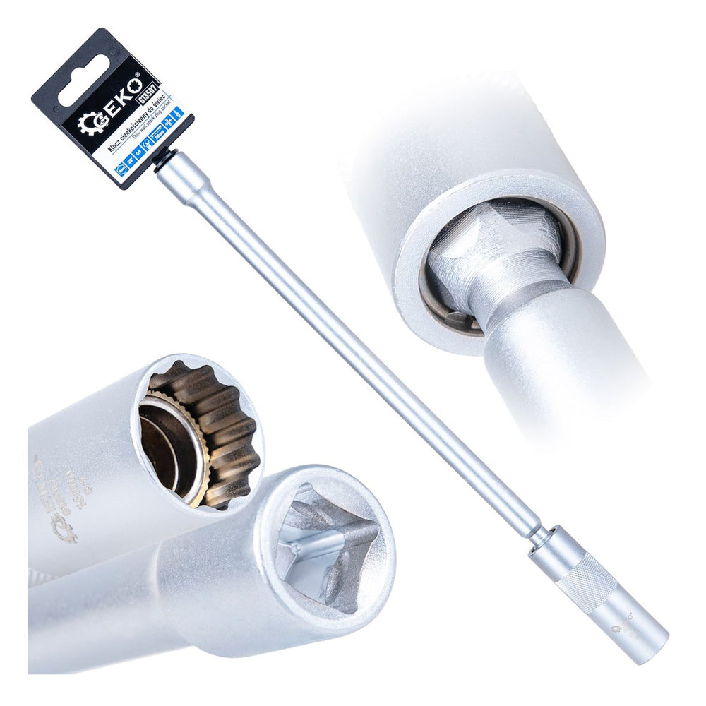 Chiave candela, 12 punti, 3/8”, 16mm, giunto cardanico, parete sottile e asta lunga, acciaio Cr-V, 310 mm, Geko