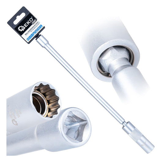 Chiave candela, 12 punti, 3/8”, 16mm, giunto cardanico, parete sottile e asta lunga, acciaio Cr-V, 310 mm, Geko