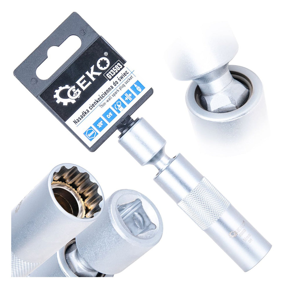 Chiave candela, 12 punti, 3/8”, 16mm, giunto cardanico, parete sottile e asta lunga, acciaio Cr-V, Geko