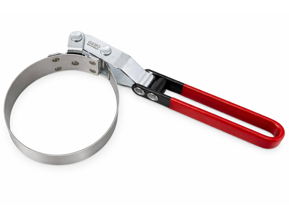 Chiave per filtro olio con cinghia-nastro regolabile, campo di serraggio 73–85 mm, strumento universale per la rimozione con fascia metallica per auto e camion, Gebo Tools