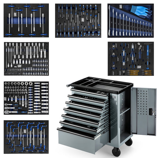 Carrello completo di attrezzi professionale Hbm,set 262 pezzi con 7 cassetti 6 scomparti e ruote da officina Carbon premium Olanda