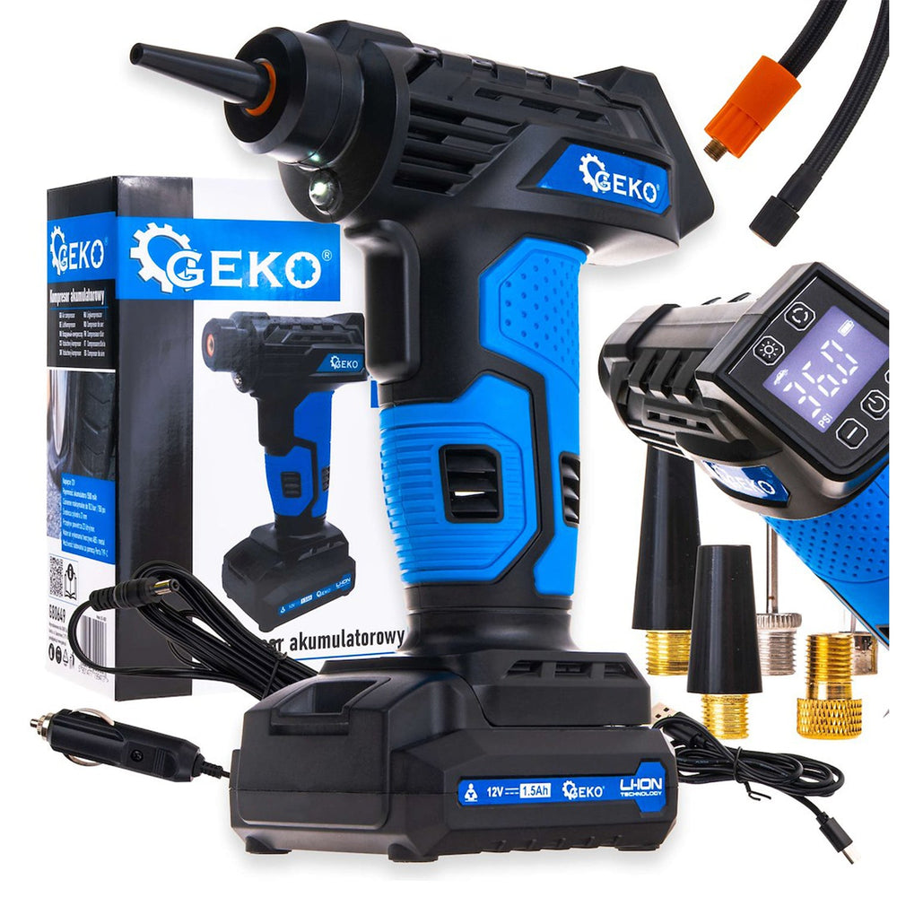 Compressore aria portatile senza fili, gonfiatore pneumatici per auto, moto e bicicletta con manometro LCD, luce LED, batteria 12V ricaricabile Geko