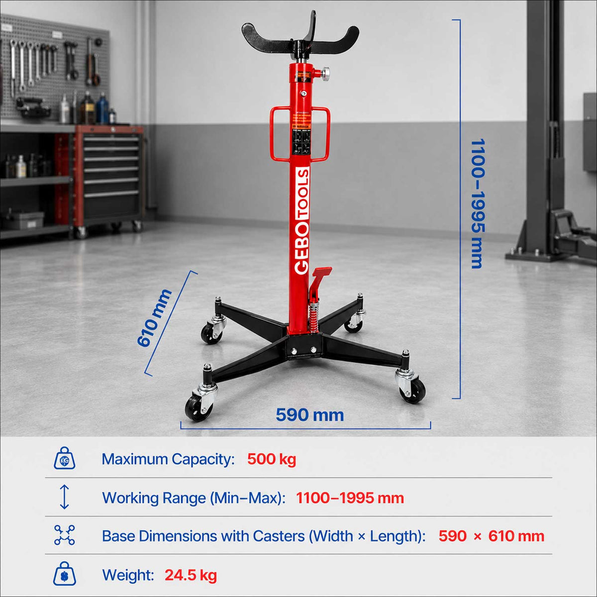 Sollevatore idraulico da fossa, portata 500 kg 0, 5 t, per sottoponte cambio motore, sollevamento 110-199, 5 cm
