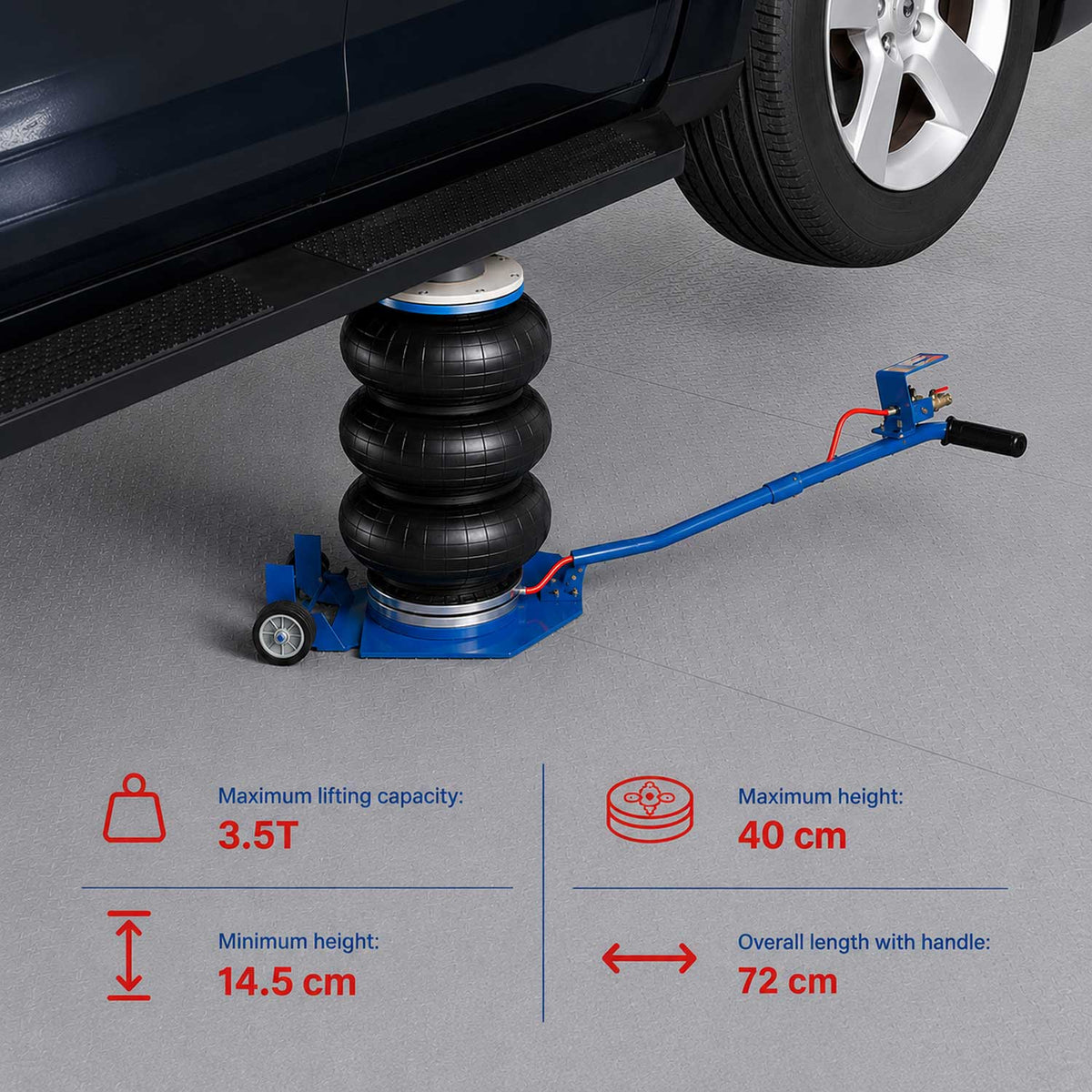 Cric ad aria compressa, 3, 5 tonnellate, airbag, pneumatico,sollevamento con maniglia per auto, garage, 14, 5-40 cm, Gebo Tools