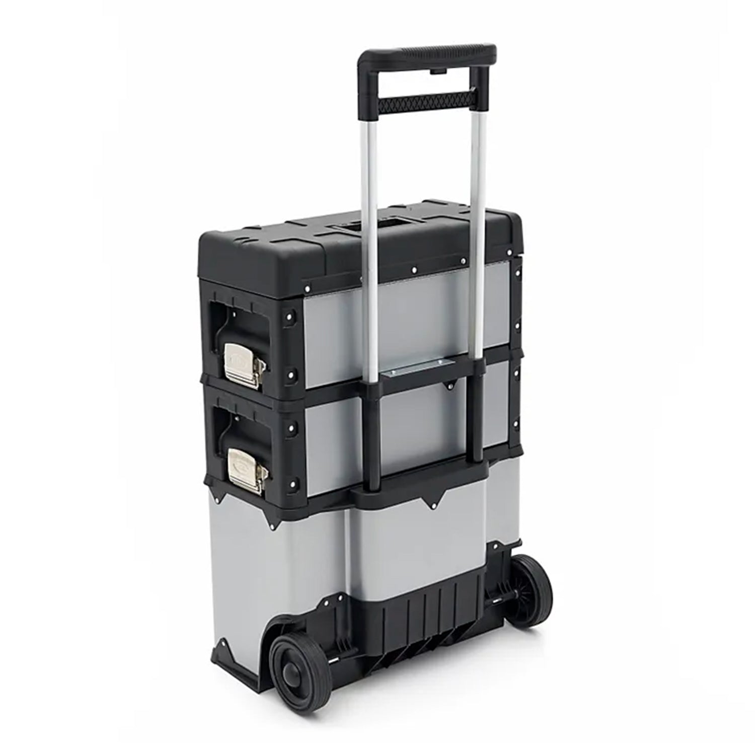 Set di scatole, set di cassette degli attrezzi su ruote, pratico e spazioso, resistente ai danni, materiale robusto, struttura modulare, 3 pezzi cassettiere portautensili modulari in acciaio con ruote e maniglia telescopica, Hbm