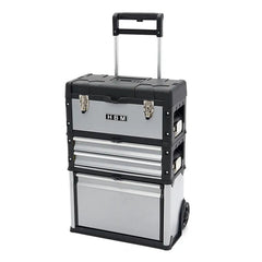 Set di scatole, set di cassette degli attrezzi su ruote, pratico e spazioso, resistente ai danni, materiale robusto, struttura modulare, 3 pezzi cassettiere portautensili modulari in acciaio con ruote e maniglia telescopica, Hbm