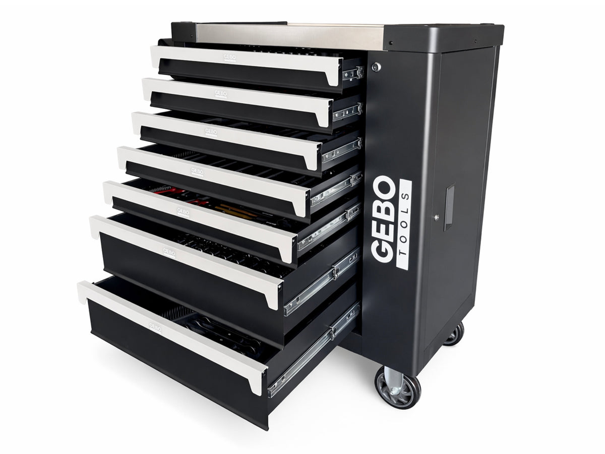 Armadio professionale attrezzato a 7 cassetti, 7 moduli, in  carbonio, carrello portautensili ,cassetta porta attrezzi mobile con 262 utensili Gebo Tools